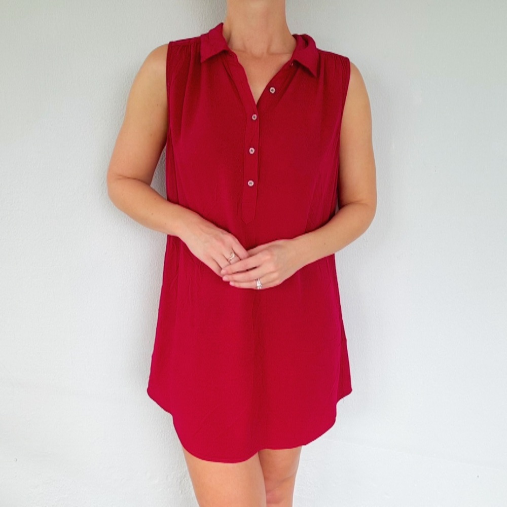 Forever 21 red collared button front sleeveless shift style dress size medium - Picture 2 of 12